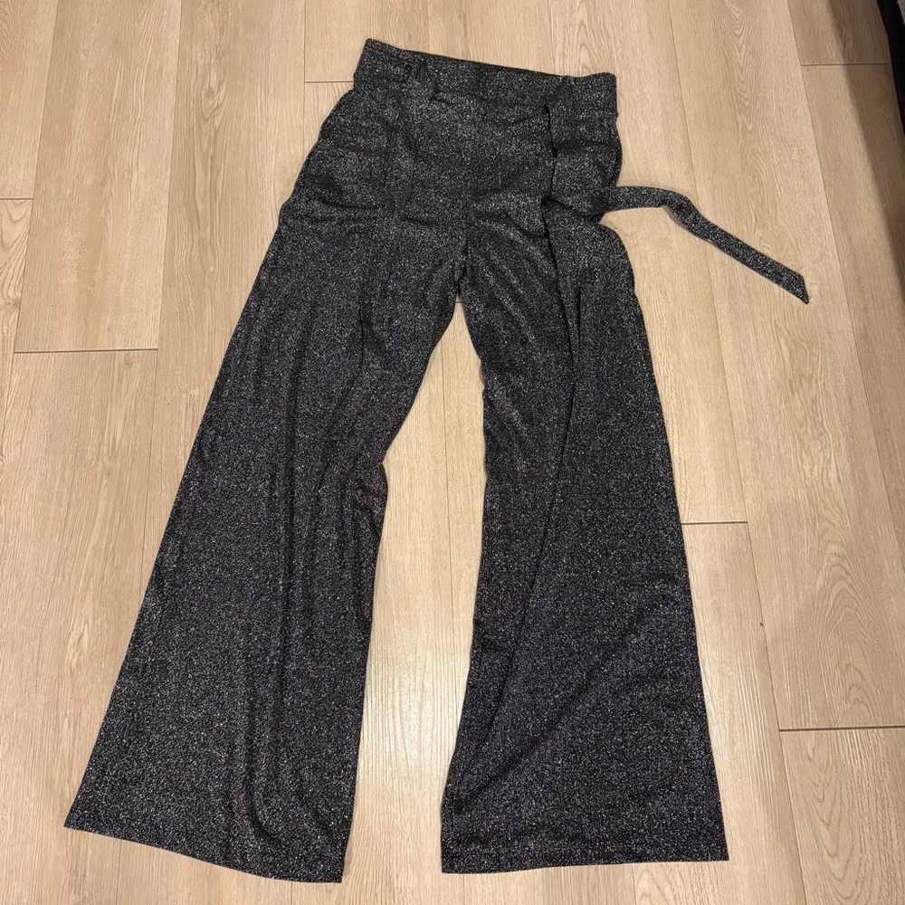 Sparkle Wide-Leg High-Waist Pants - Black Metallic